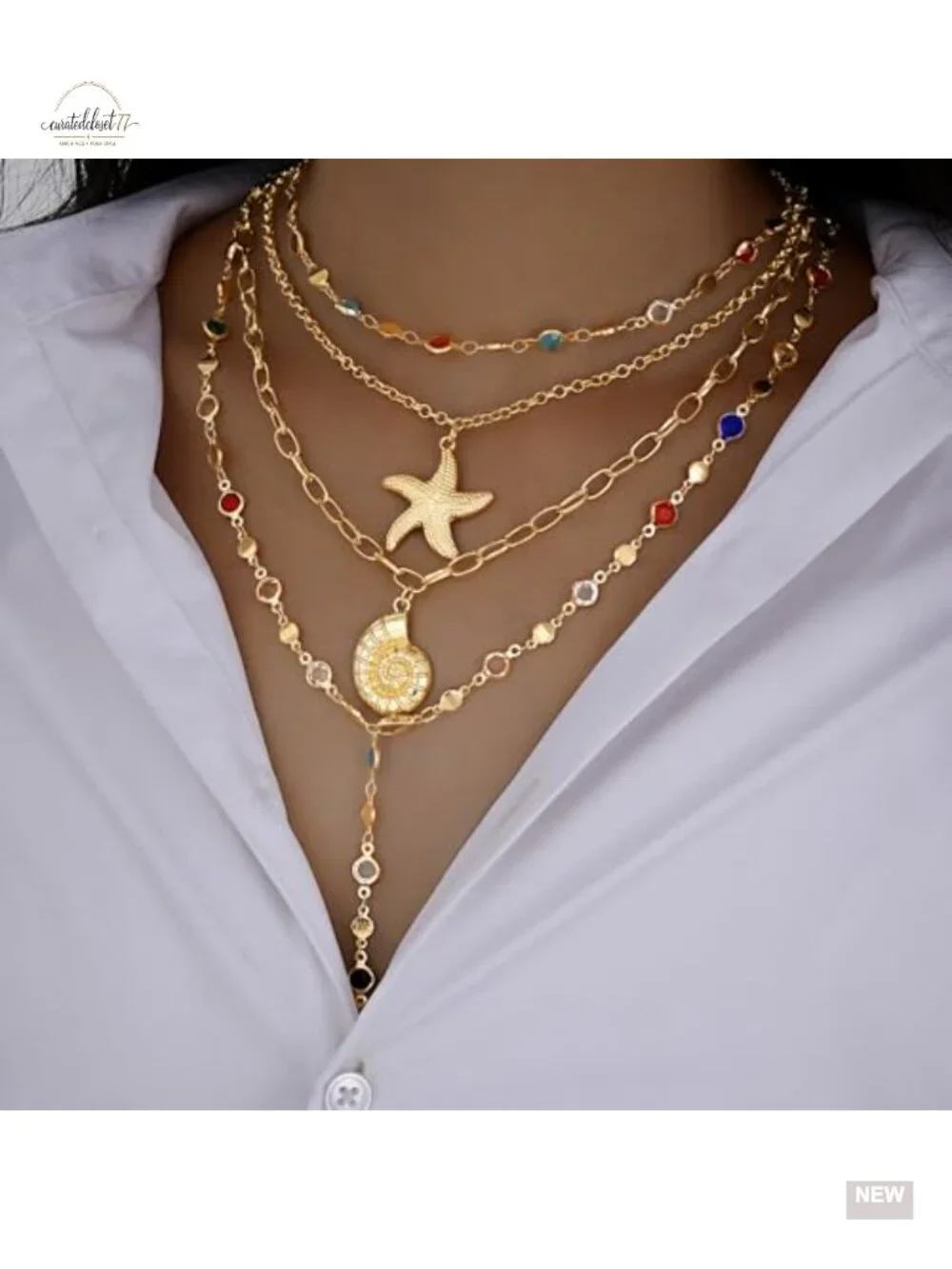 4PCS Layered Gold Cross Necklaces Set with Bohemian Beads and Pearls Adjustable
